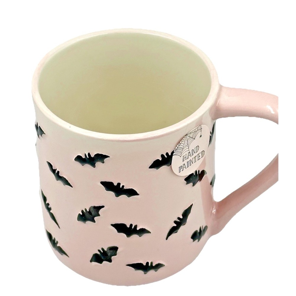 Cobwebs and Cauldrons Bats Mug Pink Black Hand Pinted Halloween Gothic - Picture 3 of 7